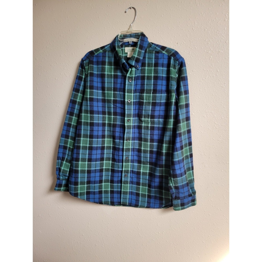 LL Bean Mens Flannel Shirt M Reg Traditional Fit Plaid Green Blue Button‎ Up